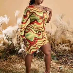 Plus One Shoulder Drawstring Side Tie Dye Dress‎